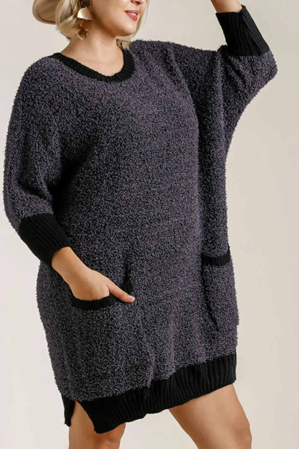 Umgee Full Size Ribbed Hem Round Neck 3/4 Sleeve Sweater Dress with Pockets Plus Size | Daverri Fashions