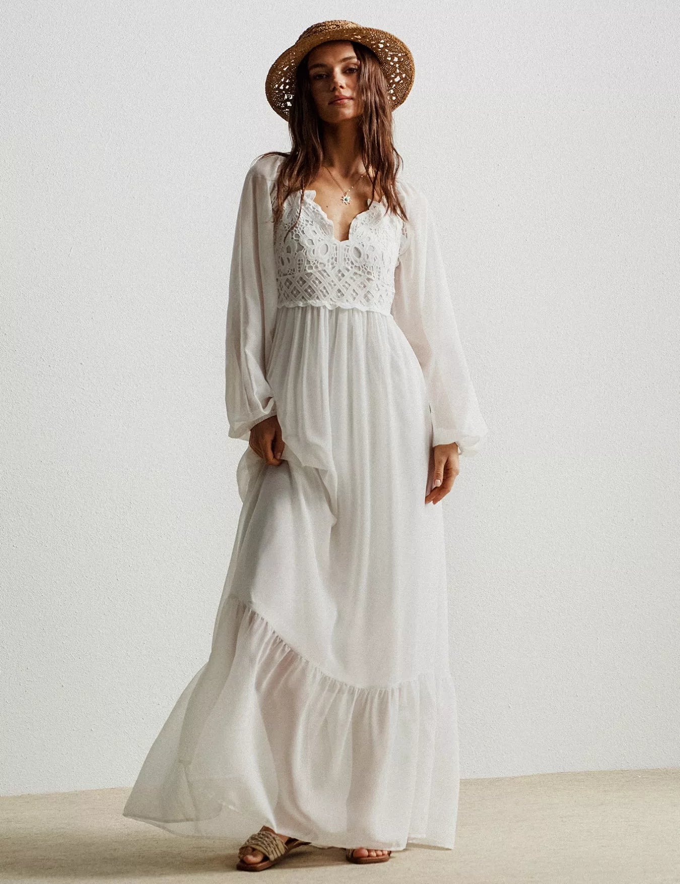 White Boho Chic Crochet Lace Maxi Dress with Ruffles