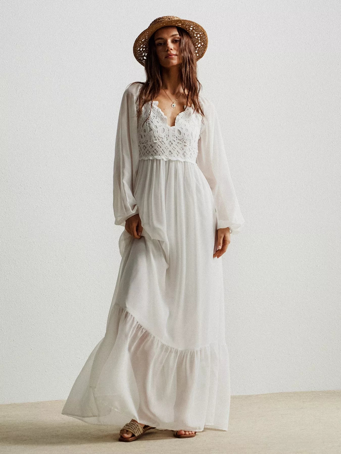 White Boho Chic Crochet Lace Maxi Dress with Ruffles