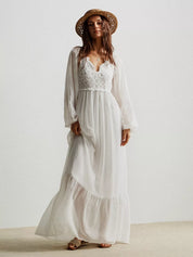 White Boho Chic Crochet Lace Maxi Dress with Ruffles