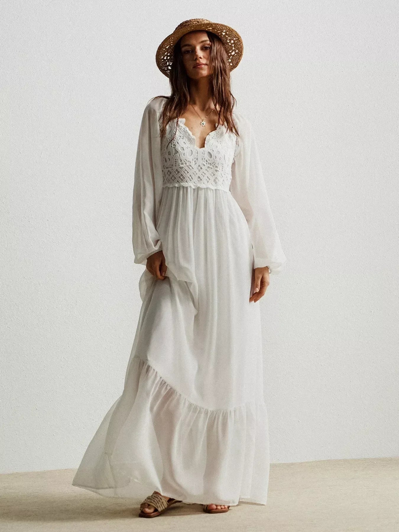 Daverri Fashions Boho Chic Crochet Lace Maxi Dress - DAVERRI FASHIONS