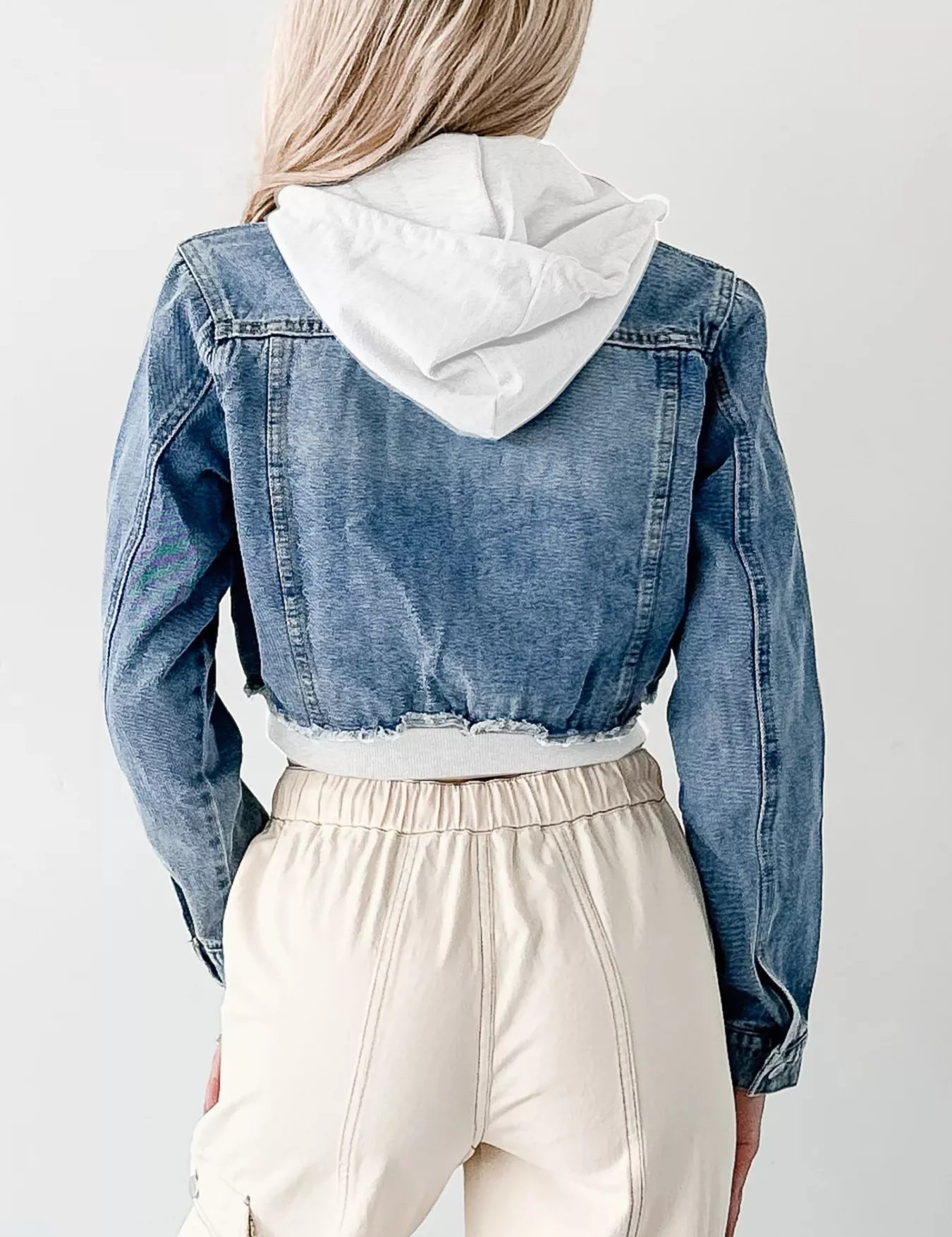 Distressed Zip Up Cropped Hooded Denim Jacket | Denim Jackets Daverri Fashions