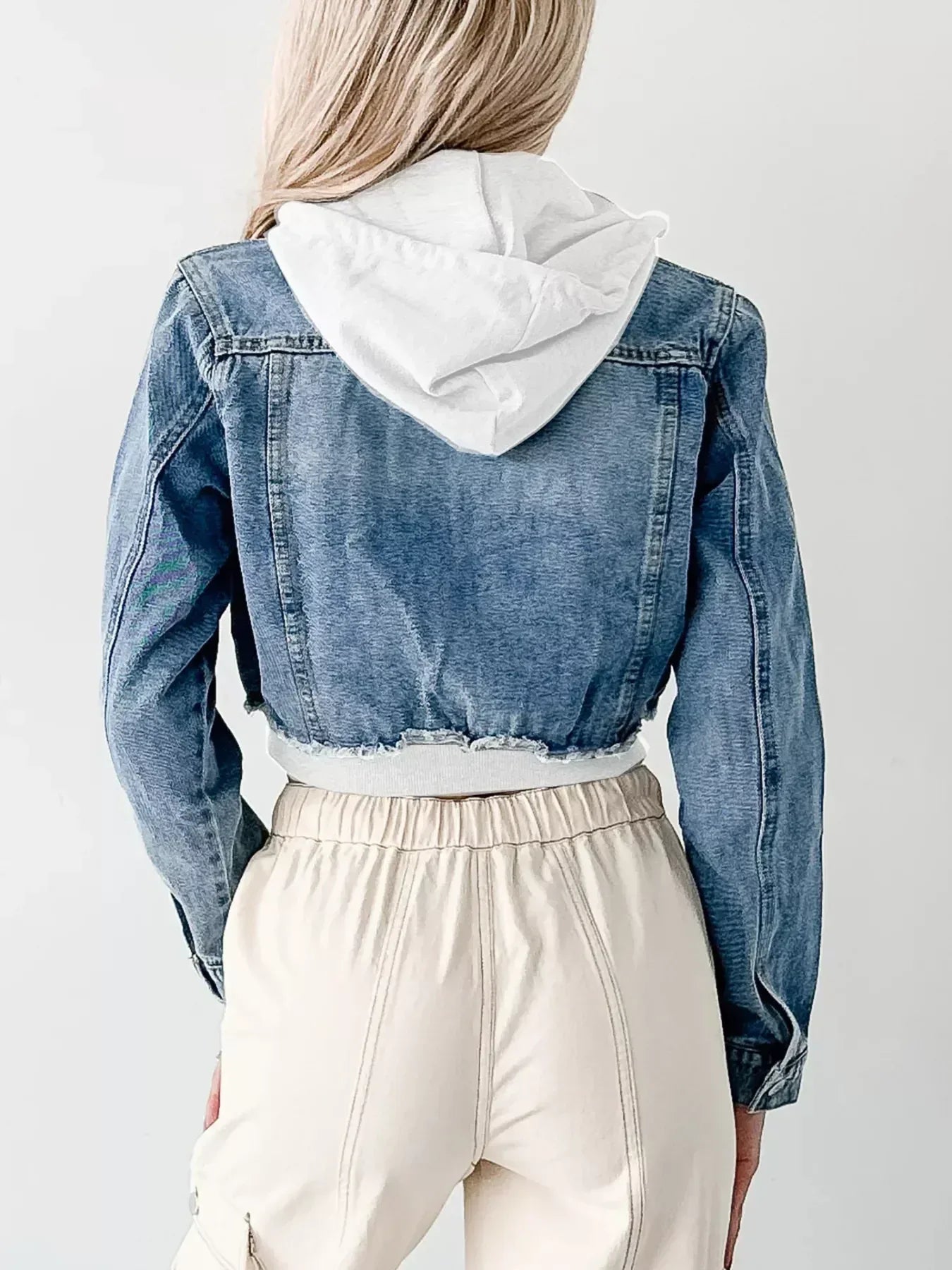Distressed Zip Up Cropped Hooded Denim Jacket - DAVERRI FASHIONS