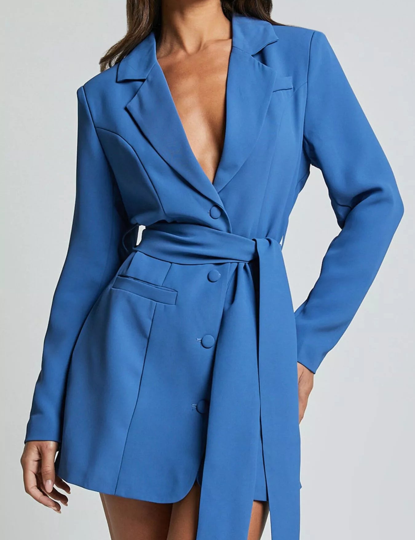 Royal Blue Lapel Collar Tie Waist Mini Blazer Dress | Mini Dresses Daverri Fashions