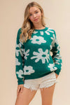 Teal BiBi flower pattern long sleeve knit sweater top