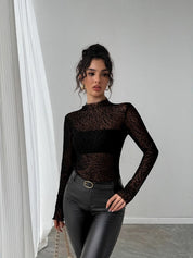 Leopard Print Mesh Long Sleeve T-Shirt | Tops Daverri Fashions
