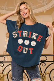 DEEP NAVY RED BiBi Strikeout Letter Patches Washed Short Sleeve Top | Tops Daverri Fashions