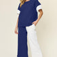 Double Take Full Size Texture Contrast T-Shirt and Wide Leg Pants Set Royal Blue Outfit Sets
