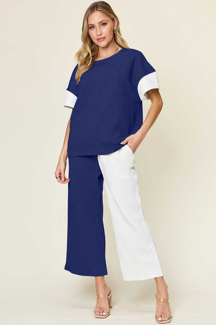 Double Take Full Size Texture Contrast T-Shirt and Wide Leg Pants Set Royal Blue Outfit Sets