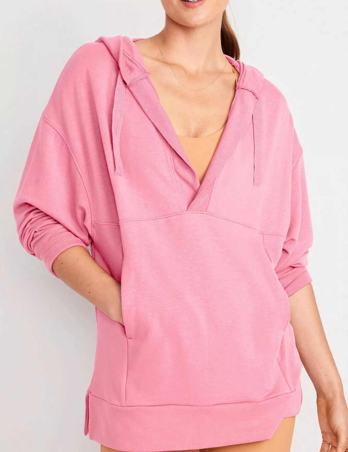 Dusty Pink Drawstring Kangaroo Pocket Long Sleeve Hoodie | Hoodies Daverri Fashions
