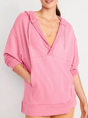 Dusty Pink Drawstring Kangaroo Pocket Long Sleeve Hoodie | Hoodies Daverri Fashions