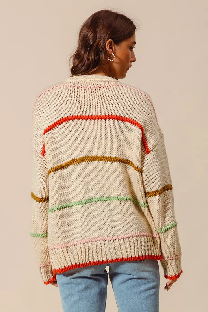 SO ME Loose Fit Multi Stripe Open Front Cardigan | Daverri Fashions
