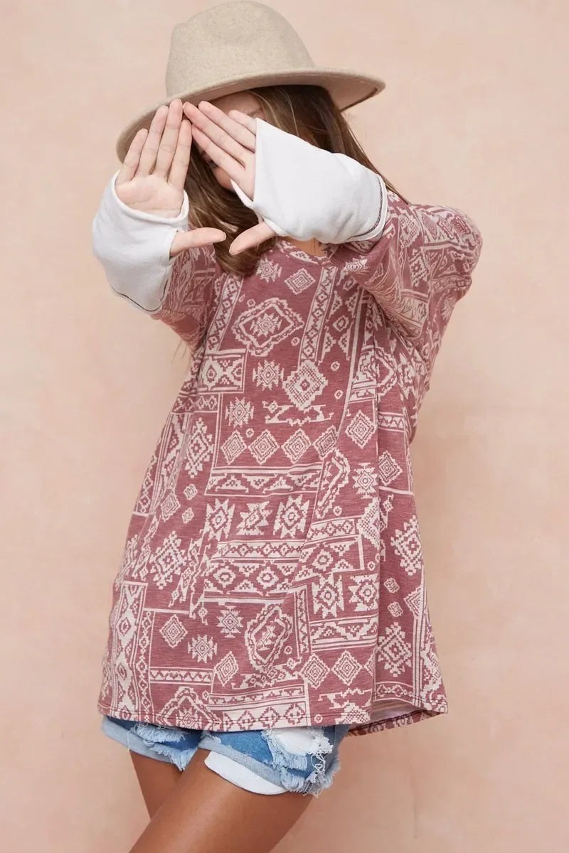 BiBi Aztec Print French Terry Top with Thumb Opening - DAVERRI FASHIONS