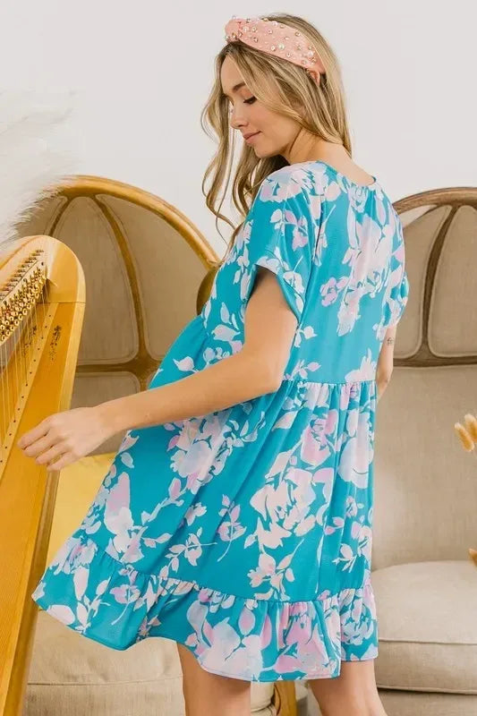 BiBi Floral Crinkle Shirred Ruffle Detail V Neck Dress - DAVERRI FASHIONS