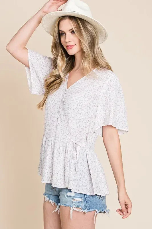 Lime 'N' Chili Ditsy Print V-Neck Short Sleeve Wrap Blouse - DAVERRI FASHIONS