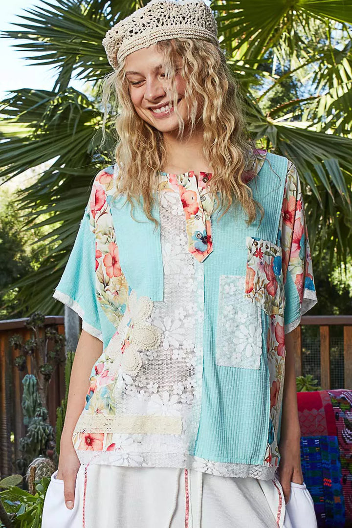 AQUA POL Lace Round Neck Short Sleeve Floral Pattern Top with Patch Detail | Tops Daverri Fashions