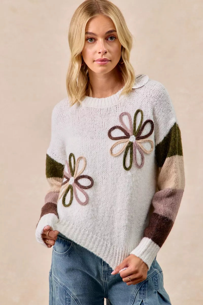 IVORY COMBO BiBi Flower Color Block Sweater | Sweaters Daverri Fashions