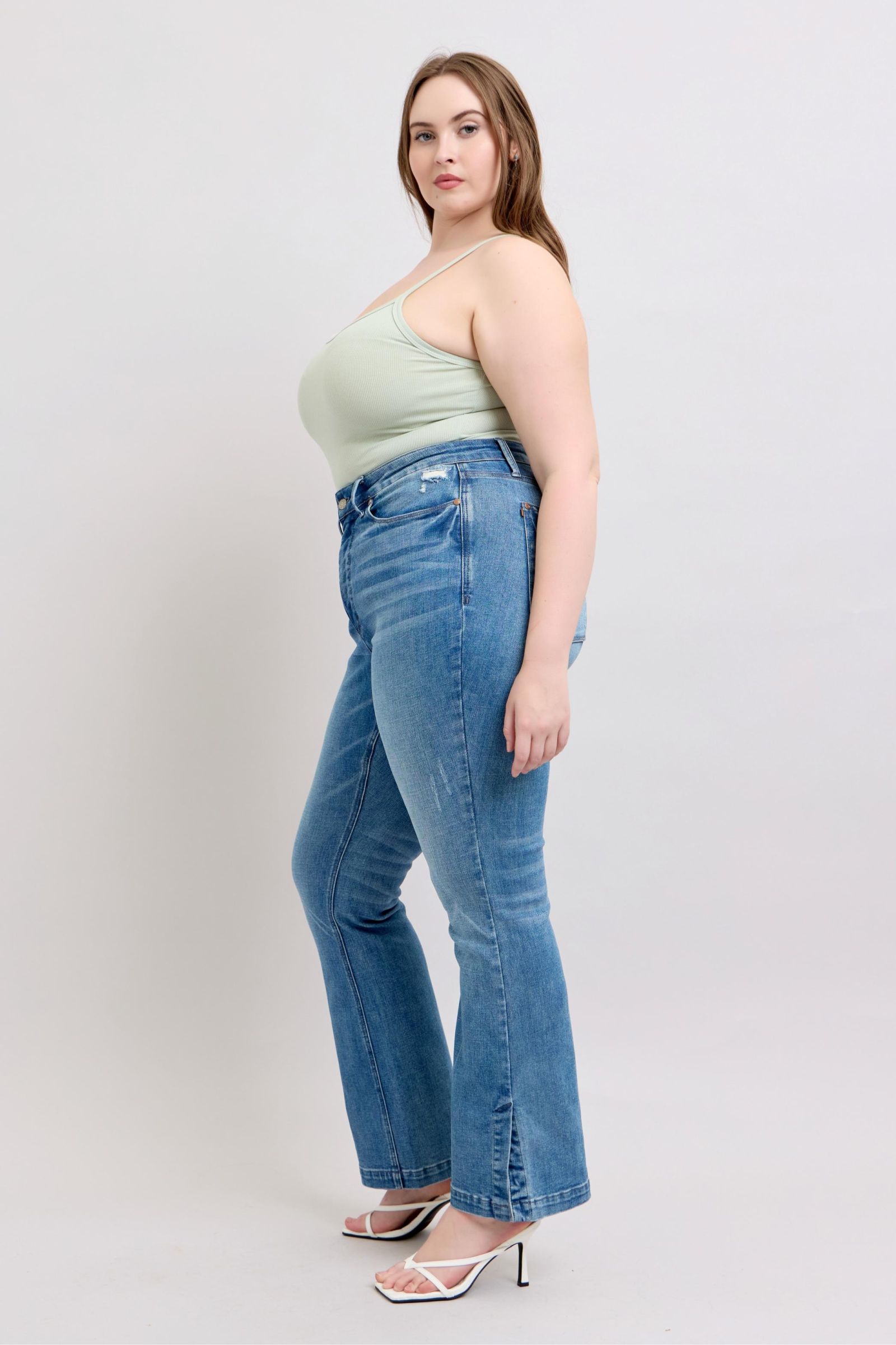 Judy Blue HW Tummy Control Vintage Wash Side Slit Slim Boot Jeans