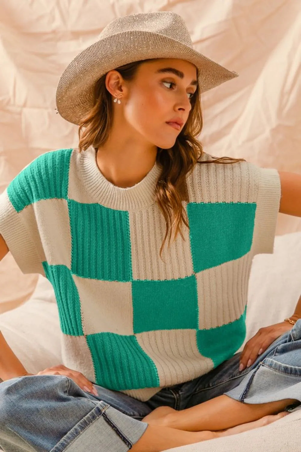 SO ME Check Plaid Casual Sweater Top JADE IVORY