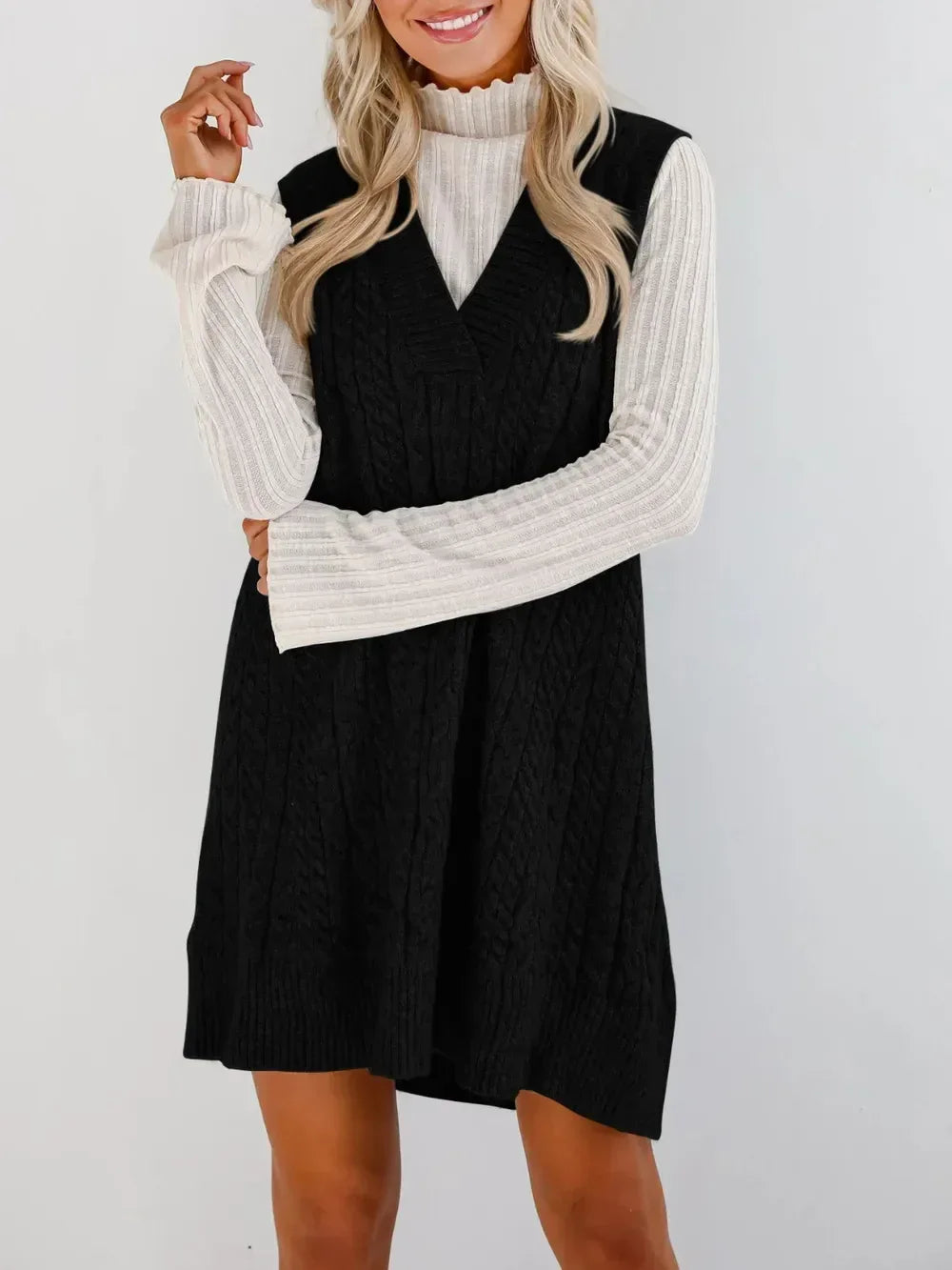 Lovelet Cable Knit V-Neck Mini Sweater Overall Dress - DAVERRI FASHIONS