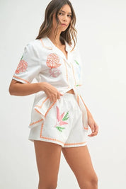 MABLE Embroidered Button Down Shirt and Shorts Set | Outfit Sets Daverri Fashions