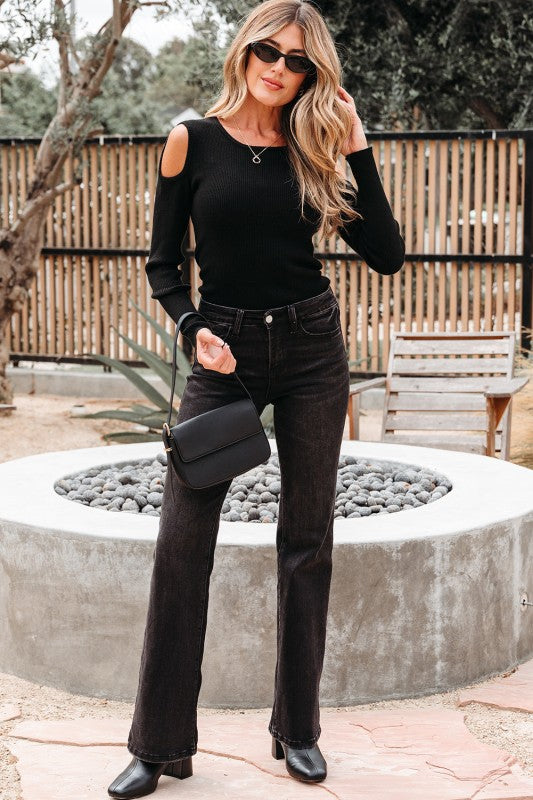 Amaya Ribbed Knit Cold Shoulder Sweater | Sweaters Daverri Fashions