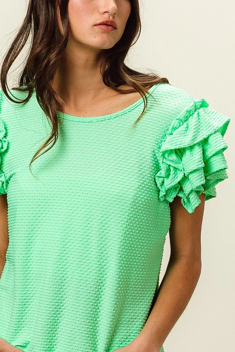 BiBi Birdseye Texture Layered Ruffle Top in vibrant mint green waffle-knit fabric