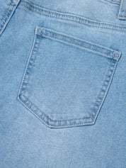 Light blue denim high rise barrel jeans pocket with stitching and logo