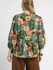 Umgee Mix Floral Peplum Blouse with Tie Neck | Blouses Daverri Fashions