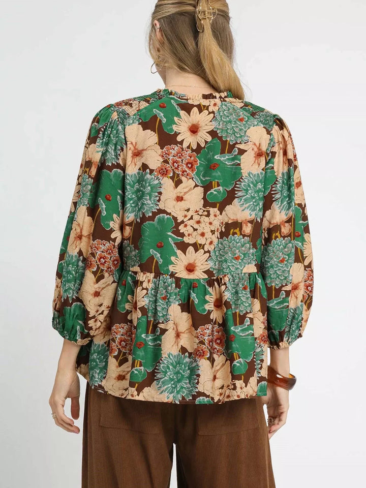 Umgee Mix Floral Peplum Blouse with Tie Neck | Blouses Daverri Fashions