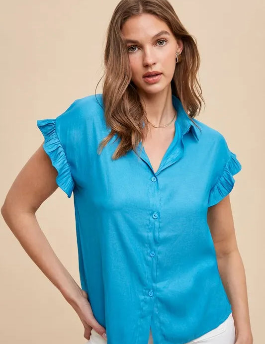 Annie Wear Relaxed Fit Ruffle Sleeve Woven Blouse Top | Tops Daverri Fashions