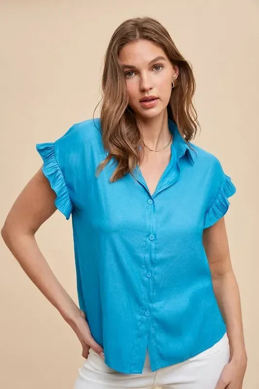 Annie Wear Relaxed Fit Ruffle Sleeve Woven Blouse Top - DAVERRI FASHIONS