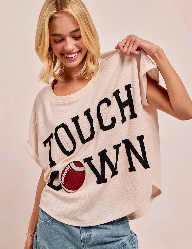 BiBi Game Day Touchdown Letter Patches Waffle Short Top | Tops Daverri Fashions