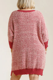 Umgee Full Size Ribbed Hem Round Neck 3/4 Sleeve Sweater Dress with Pockets Plus Size | Daverri Fashions