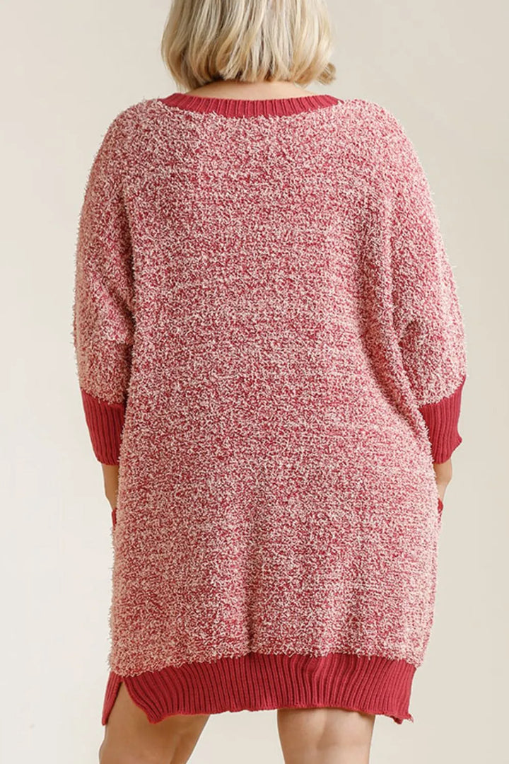Umgee Full Size Ribbed Hem Round Neck 3/4 Sleeve Sweater Dress with Pockets Plus Size | Daverri Fashions