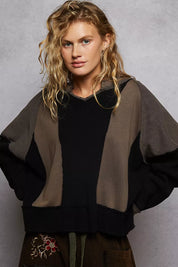 BLACK MULTI POL Color Block Waffle Knit Raw Hem Sweatshirt | Sweatshirts Daverri Fashions