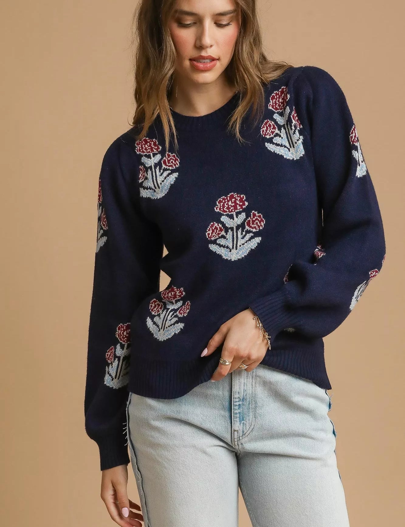 MIDNIGHT Umgee Floral Knit Sweater with Puff Sleeves | Sweaters Daverri Fashions
