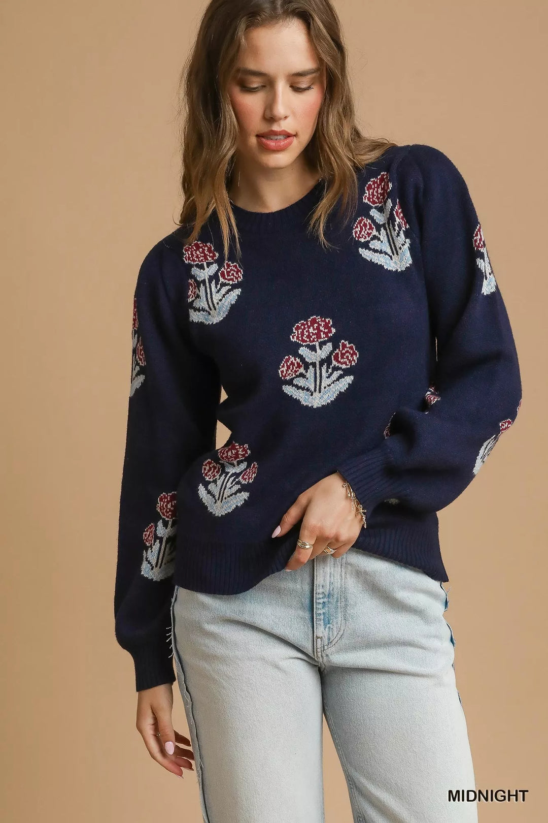 MIDNIGHT Umgee Floral Knit Sweater with Puff Sleeves | Sweaters Daverri Fashions