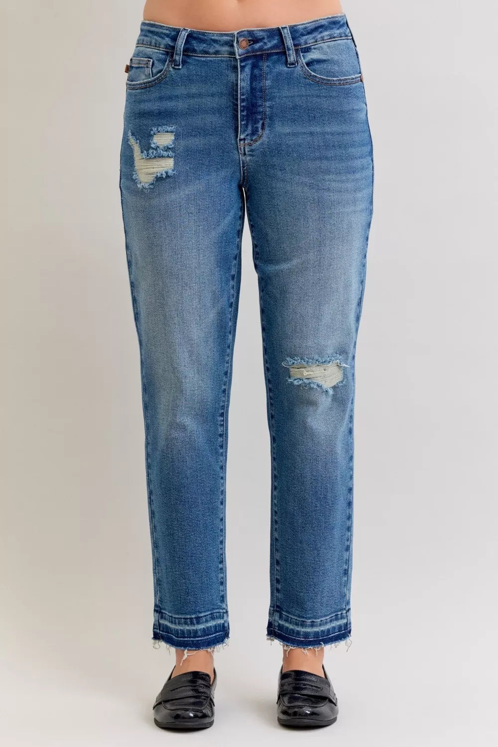 MD Judy Blue Full Size Mid Rise Bf Patch & Repair Destroy Release Hem Jeans Plus Size | Jeans Daverri Fashions