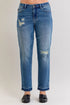 Judy Blue Full Size Mid Rise Bf Patch & Repair Destroy Release Hem Jeans Plus Size - DAVERRI FASHIONS