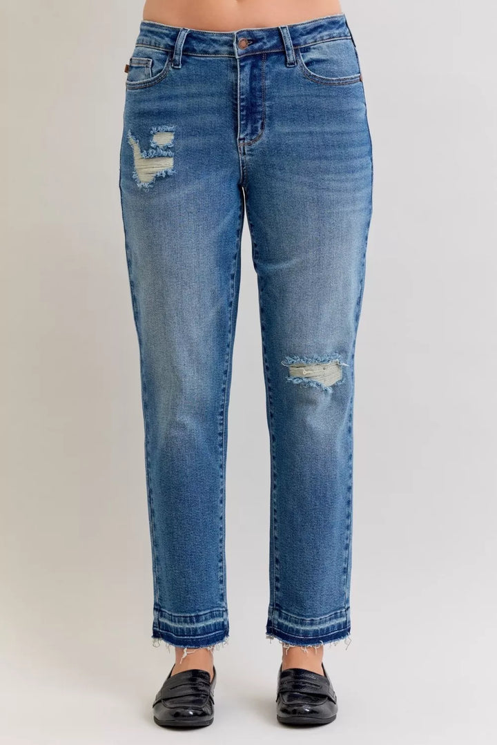 MD Judy Blue Full Size Mid Rise Bf Patch & Repair Destroy Release Hem Jeans Plus Size | Jeans Daverri Fashions