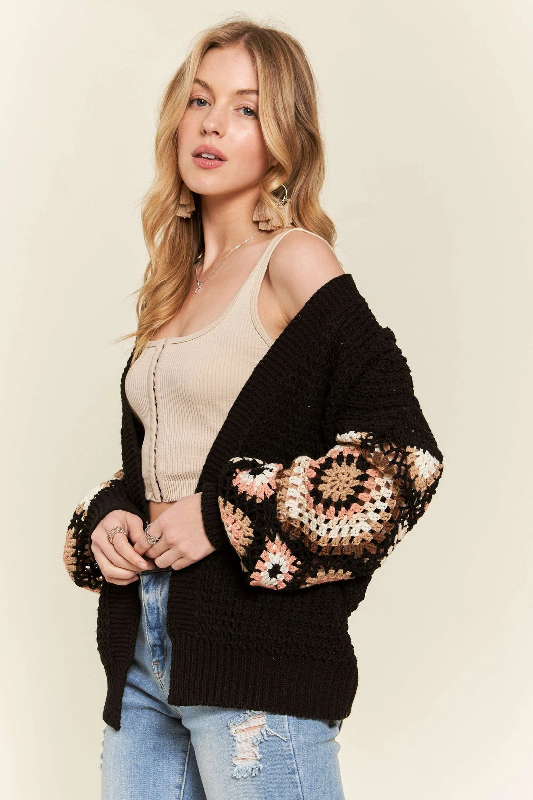 ADORA Multi Color Sleeve Crochet Cardigan Cardigans
