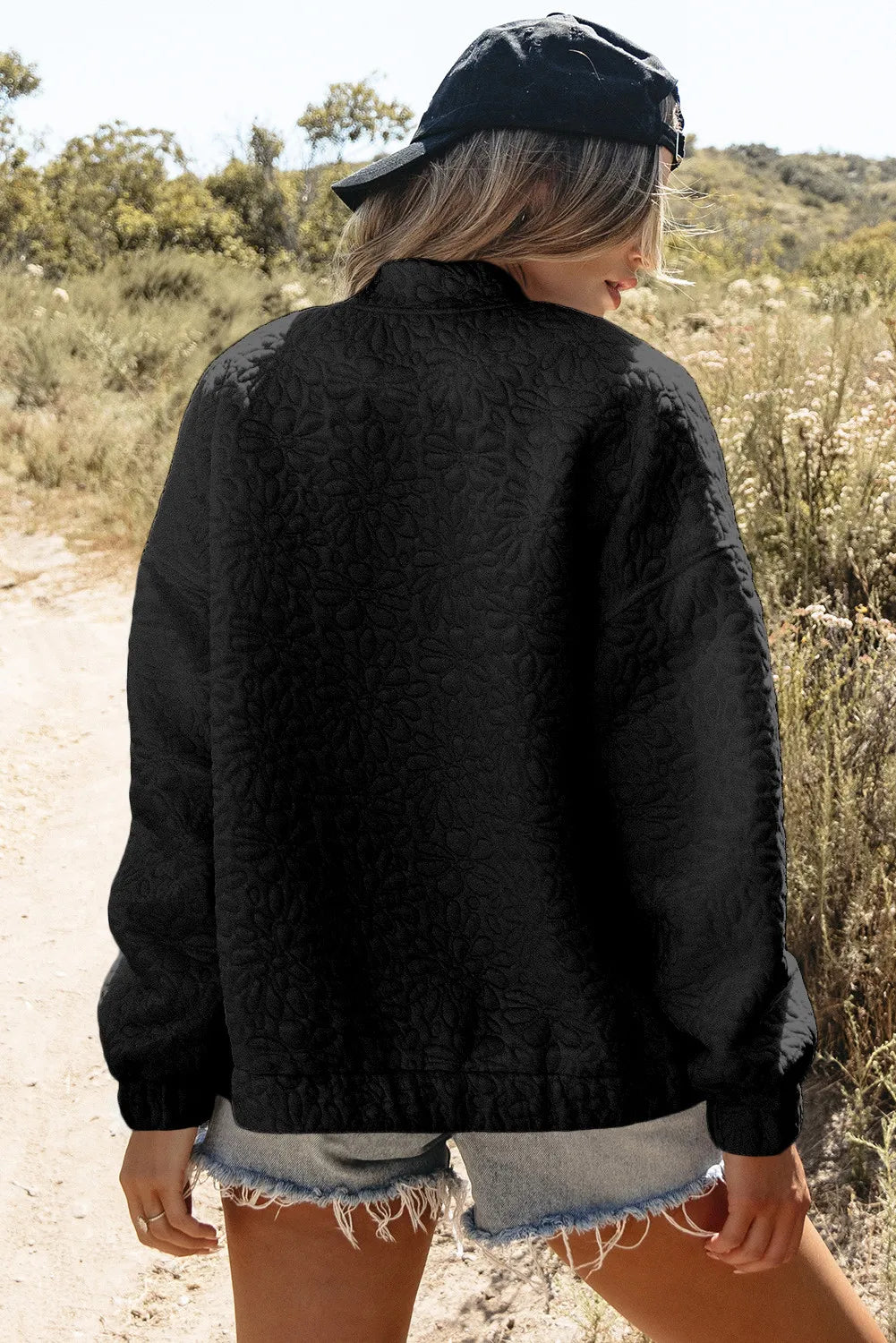 Womens baseball collar black floral quilted bomber jacket