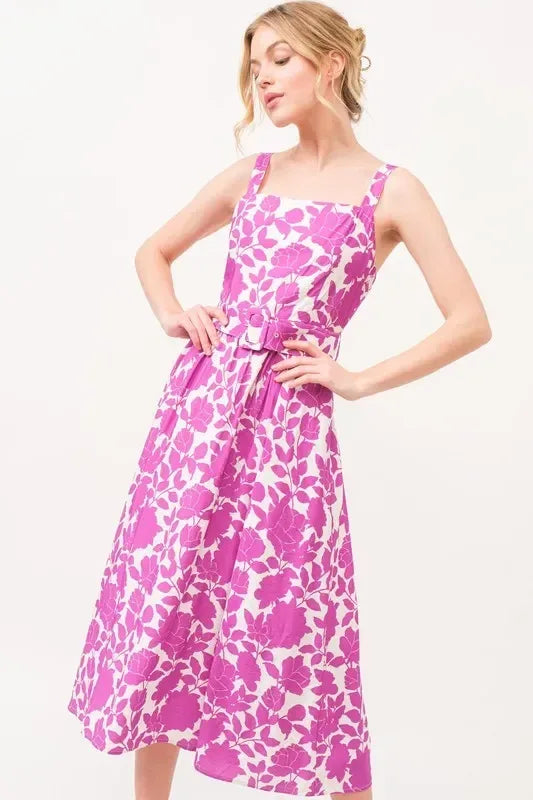 And The Why Square Neck Belted Floral Printed Midi Dress - DAVERRI FASHIONS