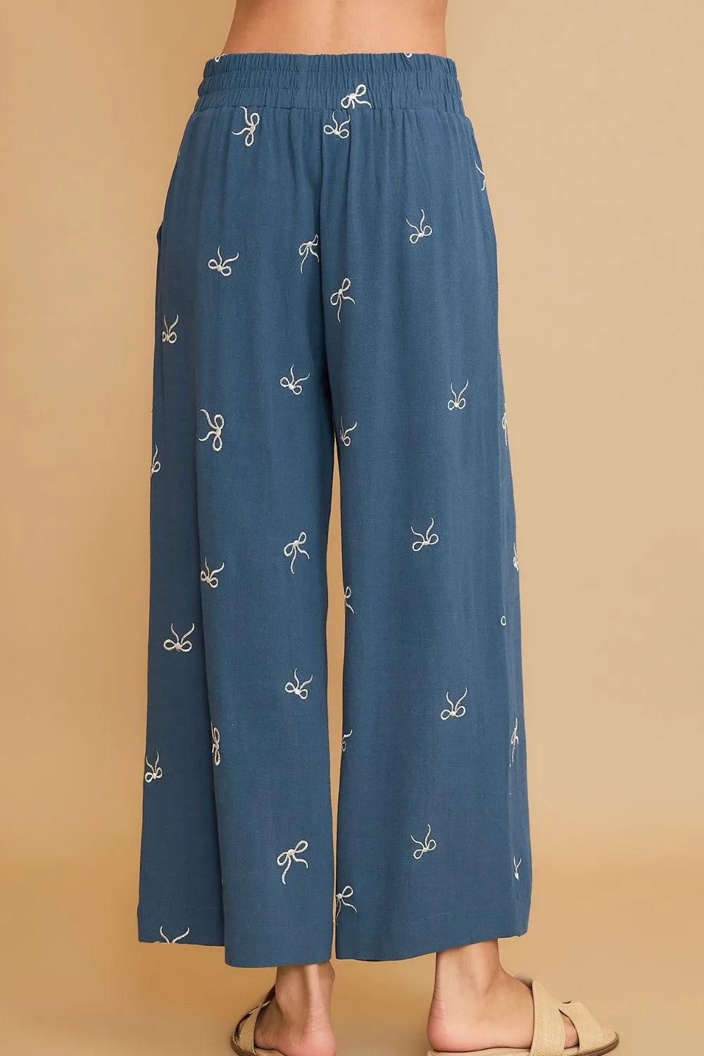 Umgee Full Size Lace Drawstring Embroidered Bow Wide Leg Pants Plus Size | Daverri Fashions