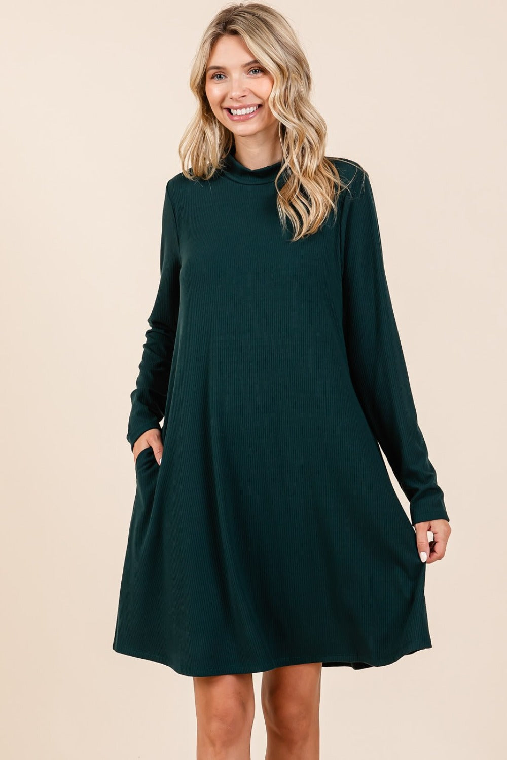 Mittoshop Mock Neck Long Sleeve Dress with Pockets Mini Dresses