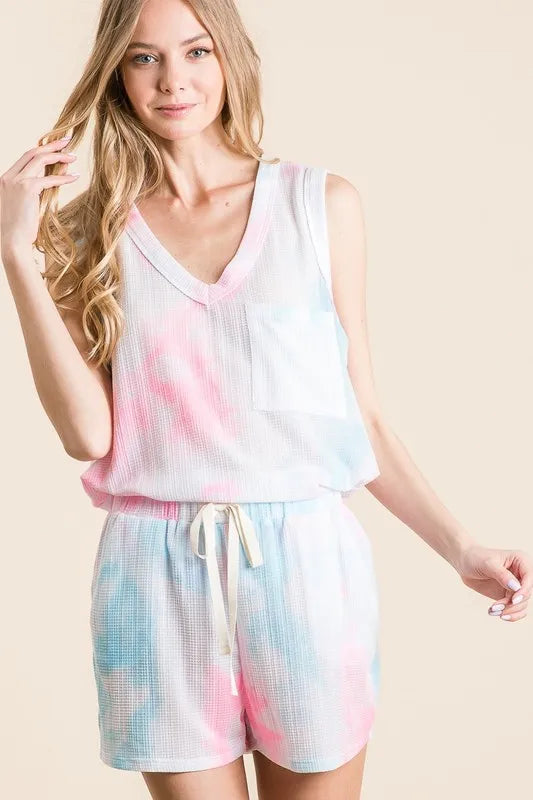 BiBi Tie Dye Textured Knit Top and Shorts Set Short Sets
