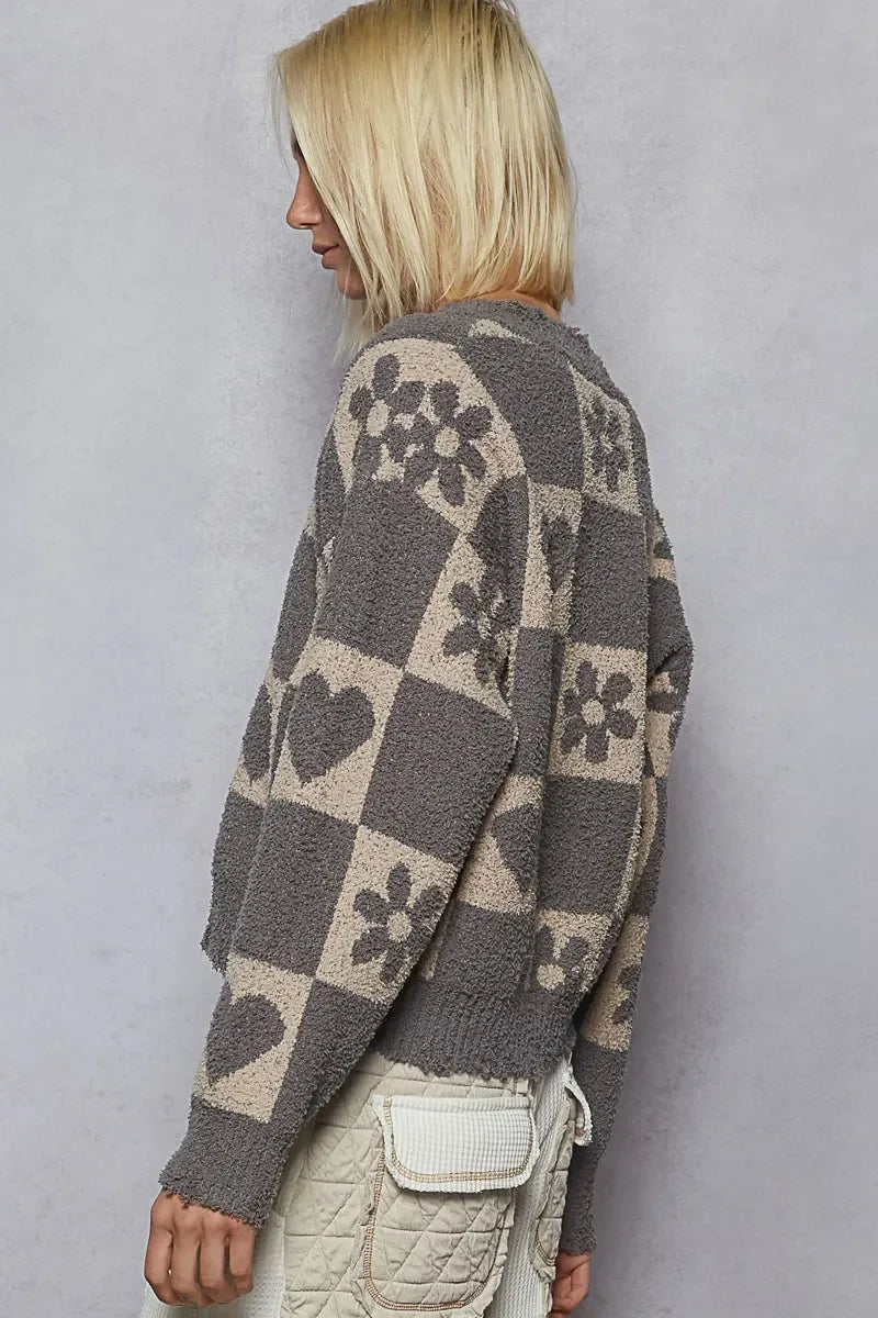 POL V-Neck Heart Pattern Checkered Sweater - DAVERRI FASHIONS