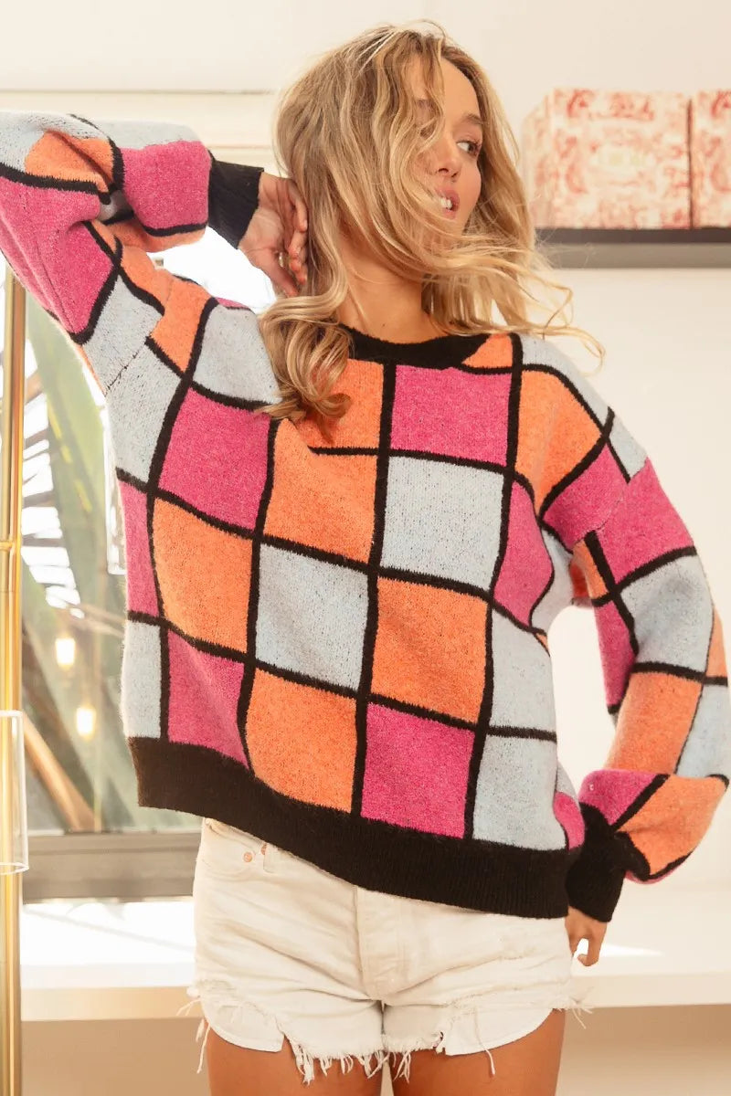 BiBi Multi Color Checker Pattern Sweater | Sweaters Daverri Fashions