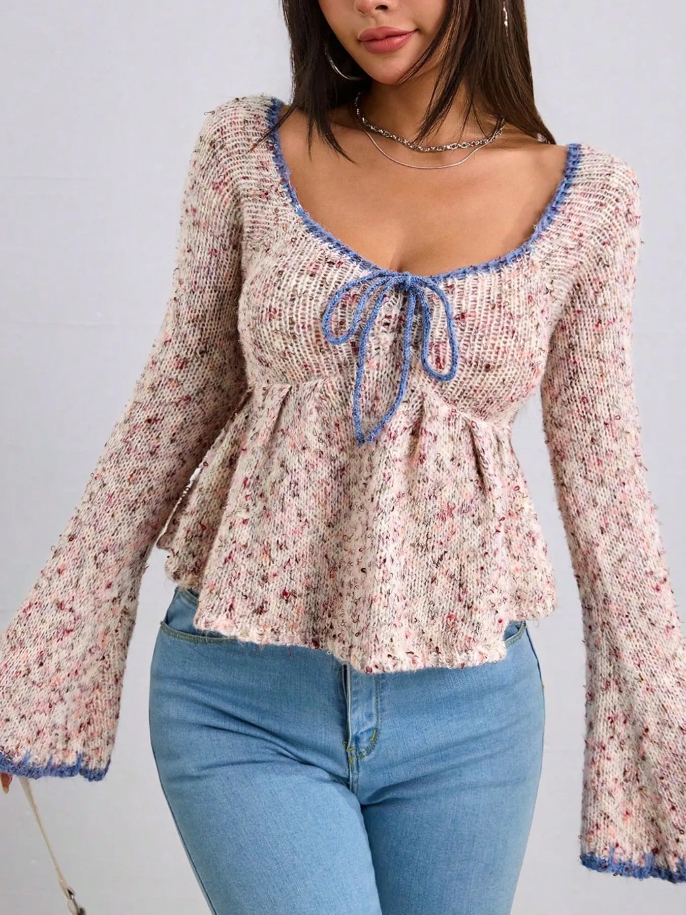 Tie Front Flare Sleeve Sweater | Sweaters Daverri Fashions